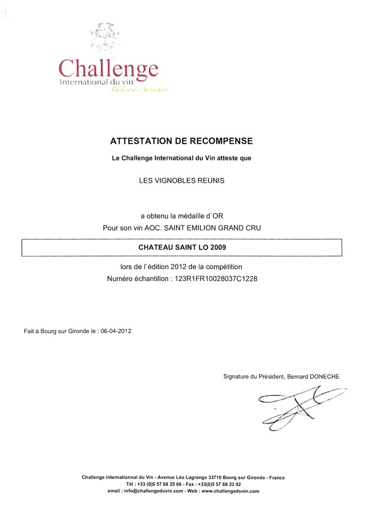 attestation medaille or challenge international du vin 2012